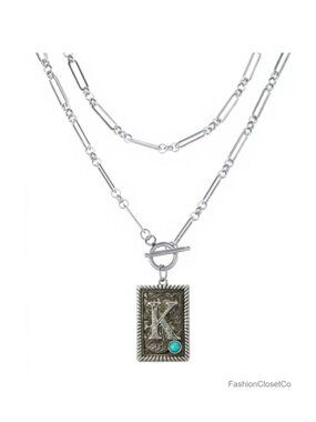 Layered Initial Pendant Necklace Paperclip Box Chain Western Cowgirl